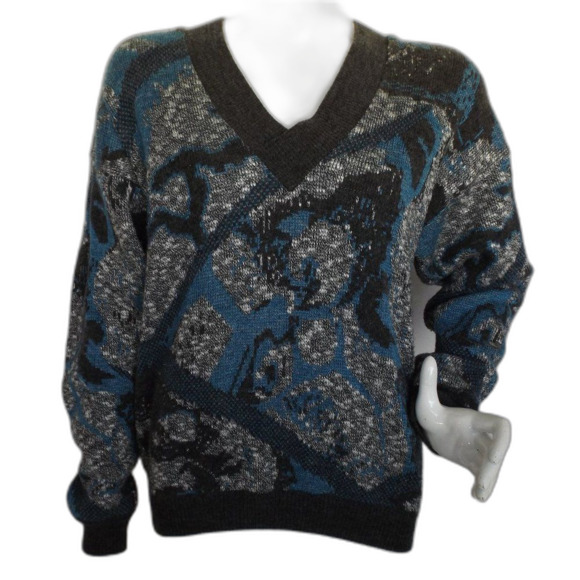 PRINCE BELLINI Sweater, M, Acrylic/Wool, V-neck, Abstract Pattern, VINTAGE - Picture 9 of 10
